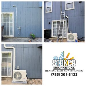 Before and after photos of a mini-split air conditioning unit installation by Stoker Mechanical Heating & Air Conditioning in Lawrence, KS.