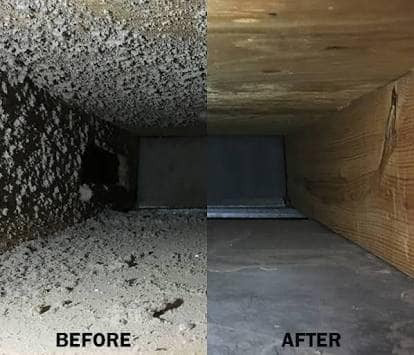 Before and after comparison showing a moldy air duct cleaned by JJ Duct Cleaning in Aurora, IL