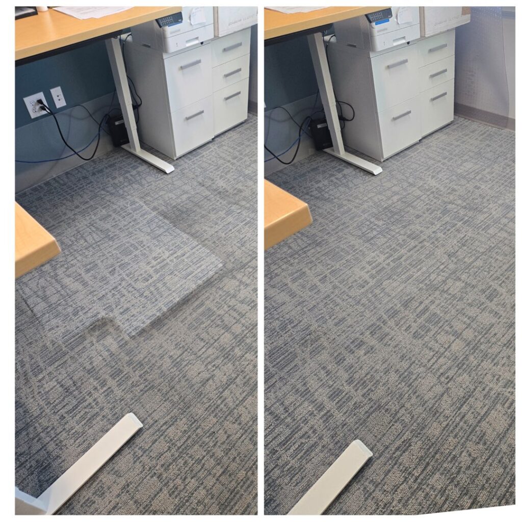 Before and after comparison of office carpet tiles after professional cleaning by Ohana Clean llc in Saint Paul, MN