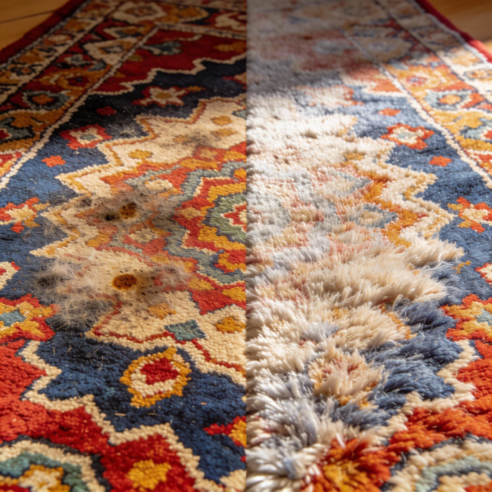 A split image showing a dirty oriental area rug before cleaning and a clean, fluffed rug after service by Advantage Carpet Cleaning in El Paso, TX