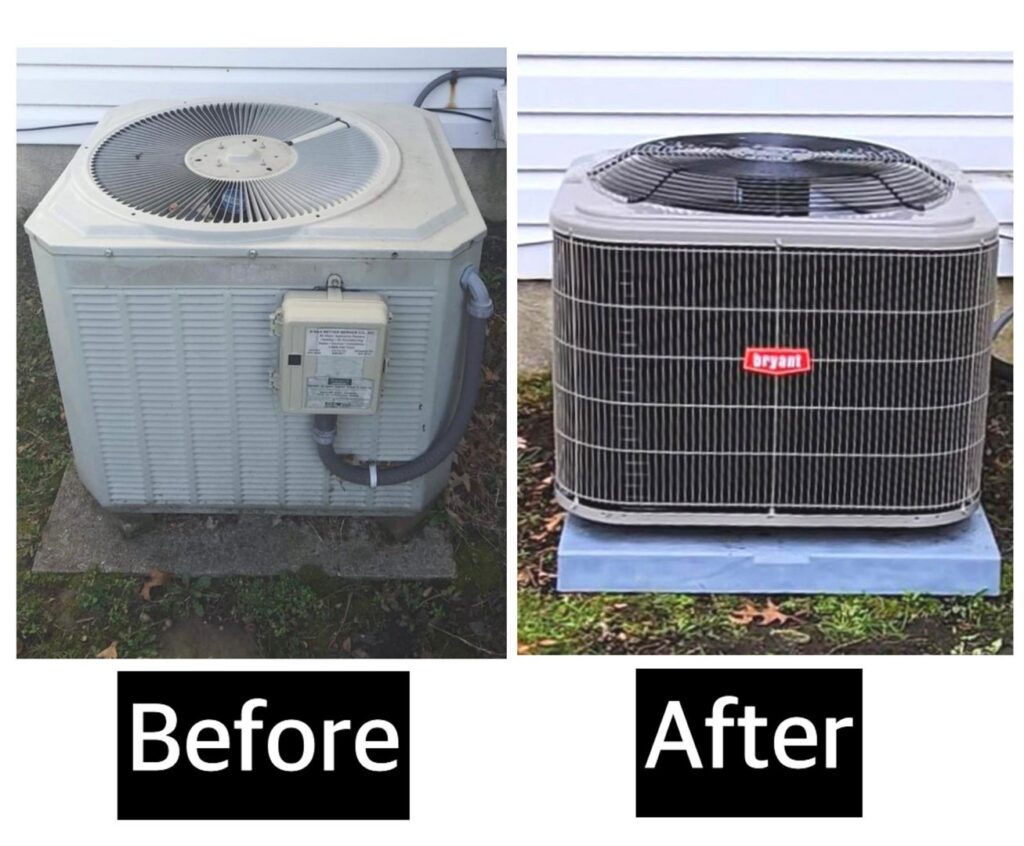 Before and after comparison of an outdoor AC unit replacement by Ambiaire in Lakewood, NJ