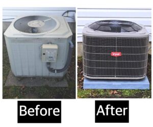 Before and after comparison of an outdoor AC unit replacement by Ambiaire in Lakewood, NJ