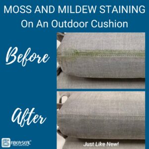 Before and after photos showing moss and mildew removed from an outdoor cushion by Fiber-Seal of North Texas in Dallas, TX