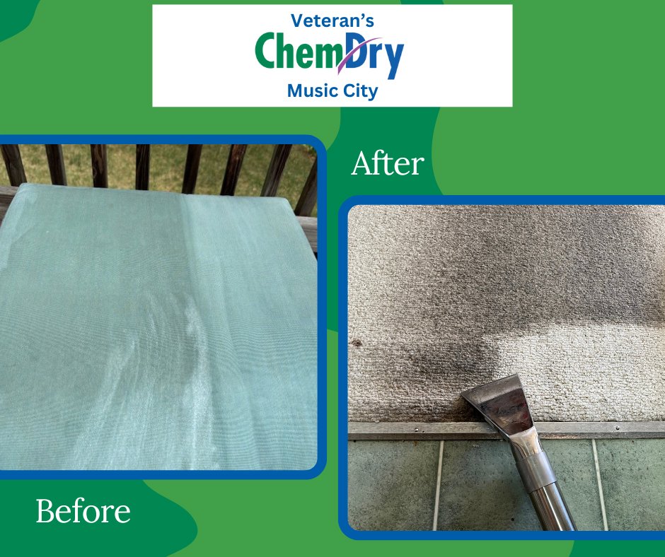 Before and after comparison of an outdoor rug being professionally cleaned by Veterans Chem-Dry Music City in Nashville, TN.