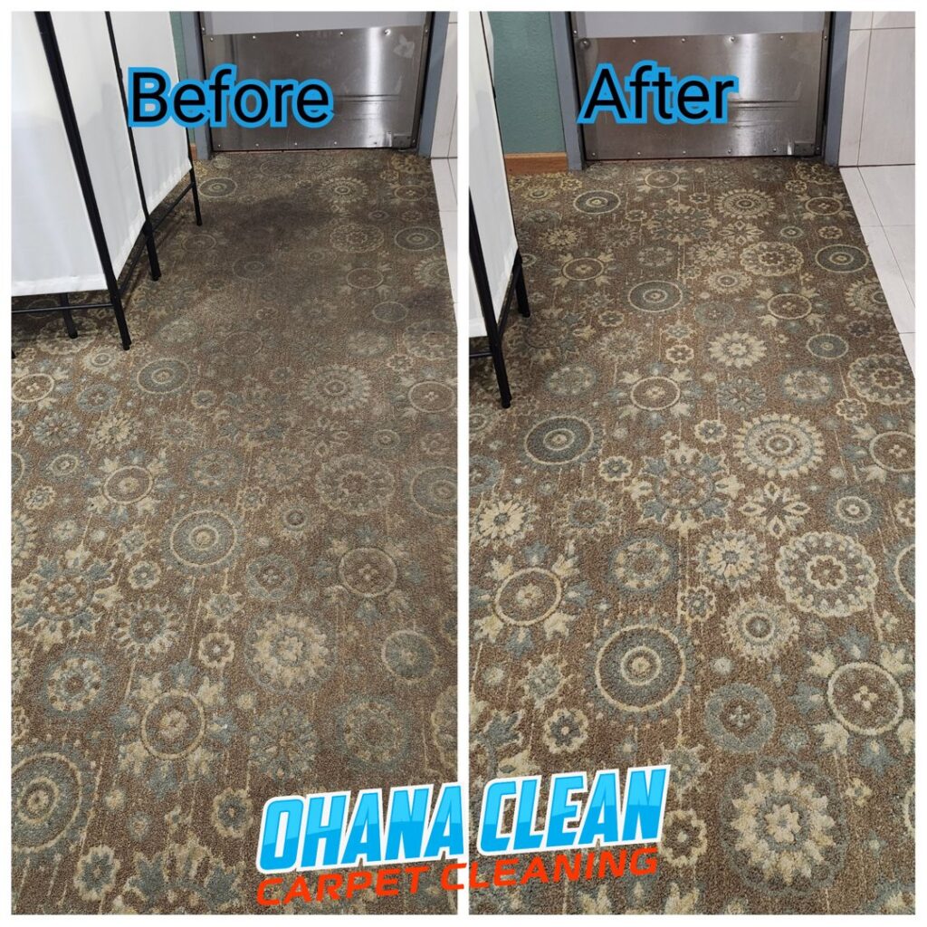 Before and after comparison of a patterned carpet after professional cleaning by Ohana Clean llc in Saint Paul, MN