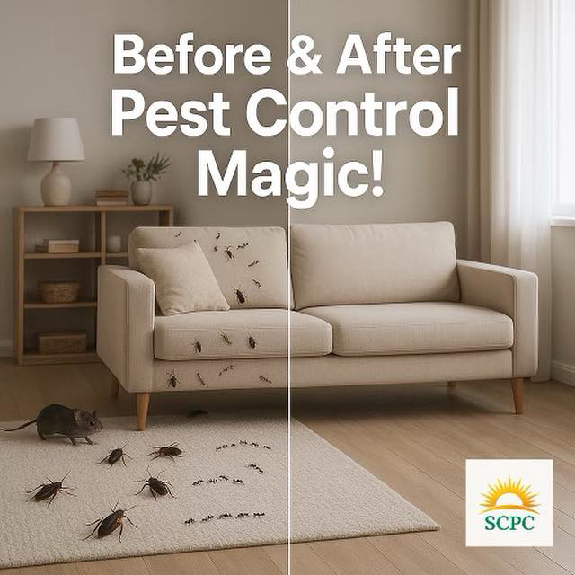 Before and after pest control showing a clean living room after removing cockroaches and a mouse by Sun City Pest Control in El Paso, TX