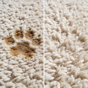 A split image showing a pet paw print stain on a carpet before cleaning and the same carpet perfectly clean after service by Advantage Carpet Cleaning in El Paso, TX