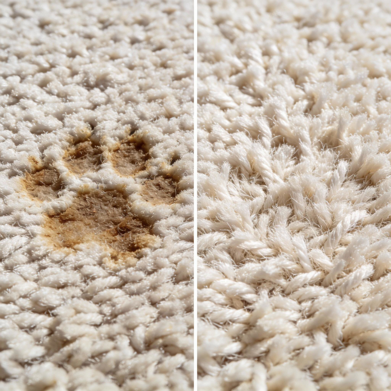 A split image showing a pet paw print stain on a carpet before cleaning and the same carpet perfectly clean after service by Advantage Carpet Cleaning in El Paso, TX