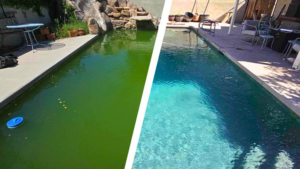 Before and after comparison of a pool cleaning service by AZ Pool Love in Mesa, AZ, showing a transformation from green to sparkling blue