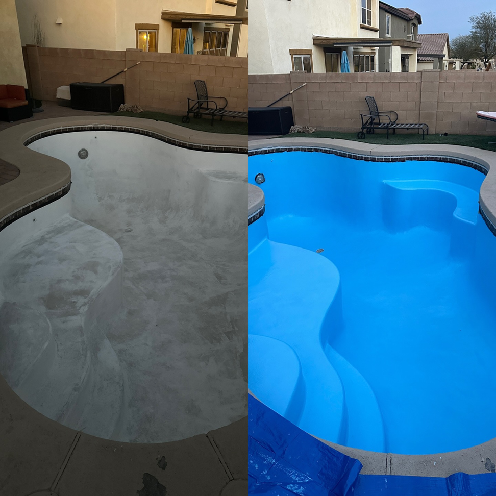 Before and after view of a pool cleaning service by Az Pool Man in Tucson, AZ, showing a dirty pool transformed into a sparkling clean one.