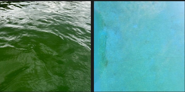 A split image showing a 'before' green, murky pool and an 'after' clean, blue pool, demonstrating cleaning services by Westside Pools in Owensboro, KY.