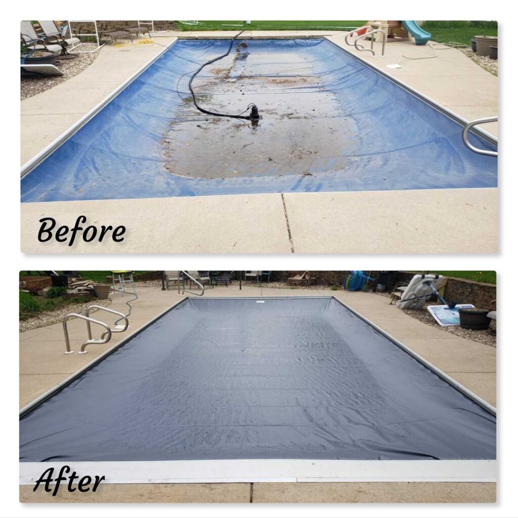 Before and after photos showing a pool cover cleaned by Water Works Pool & Spa Service in Madison, WI