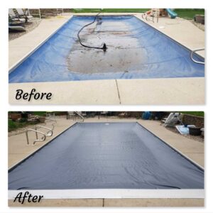 Before and after photos showing a pool cover cleaned by Water Works Pool & Spa Service in Madison, WI