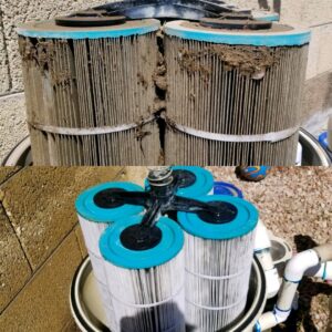 Before and after comparison of dirty versus clean pool filter cartridges by Cruz pool service and repair in Lees Summit, MO