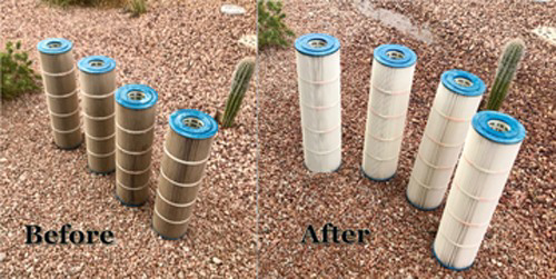A before and after comparison showing dirty and clean pool filters, a service provided by Edward's Pool Service, LLC in Gilbert, AZ.