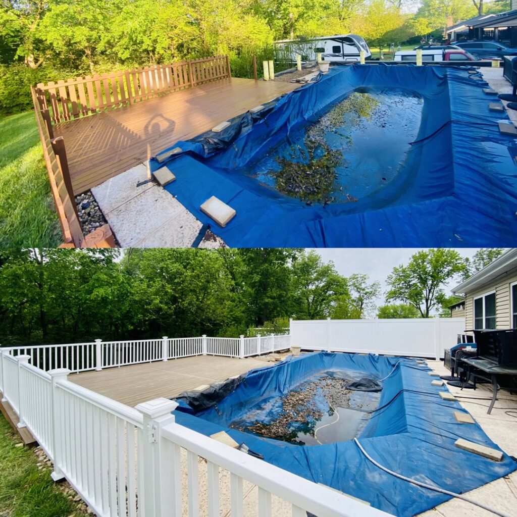 Before and after view of a pool area with a new white vinyl fence and deck by Exterior Experience LLC in St. Louis, MO.