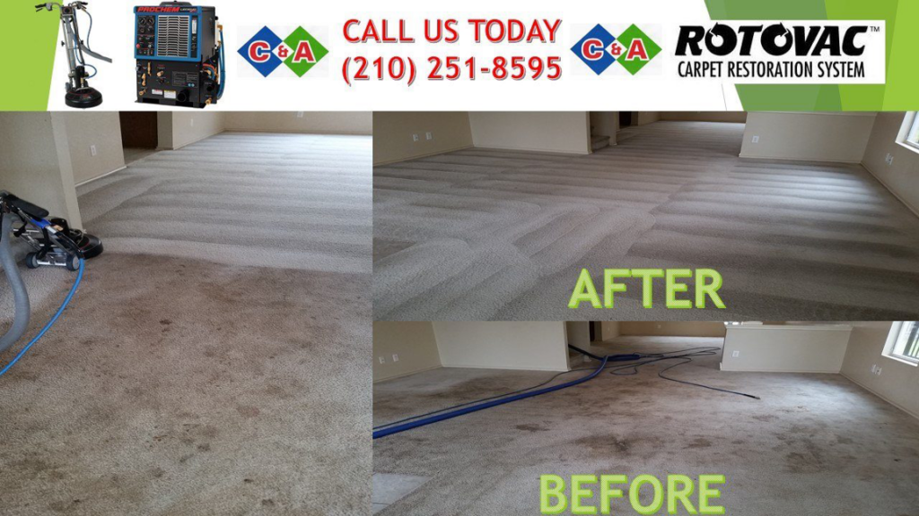 Before and after photos showcasing professional carpet cleaning results by C&A Carpet Cleaning and Floor Solutions, LLC in San Antonio, TX.