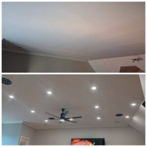 Before and after of recessed lighting and ceiling fan installation in a living room by Elite Electrical TN in Jackson, TN.