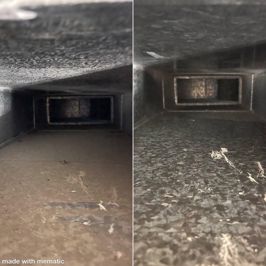 Before and after comparison showing a dirty rectangular air duct transformed into a clean one by Duct Dudes in Scottsdale, AZ.