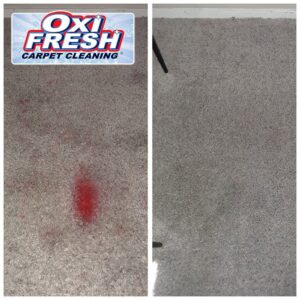 Before and after photo showing red carpet stain removal by Oxi Fresh Carpet Cleaning in Las Vegas, NV.