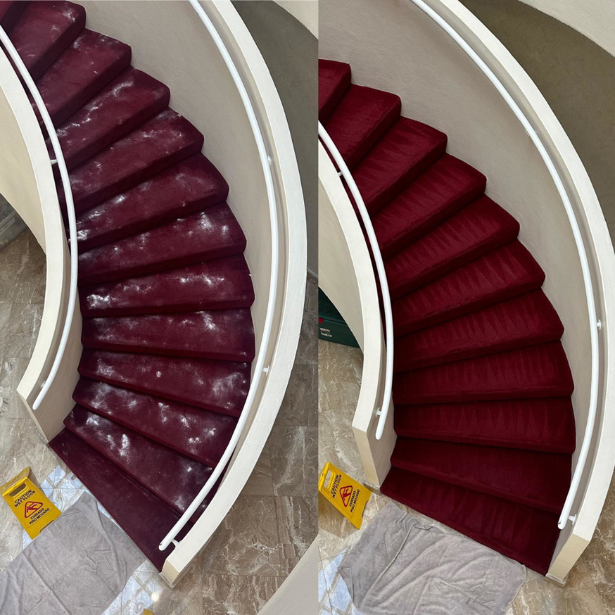 Before and after comparison of a red carpeted staircase after professional cleaning by Celtic Carpet Cleaner in Fort Lauderdale, FL.