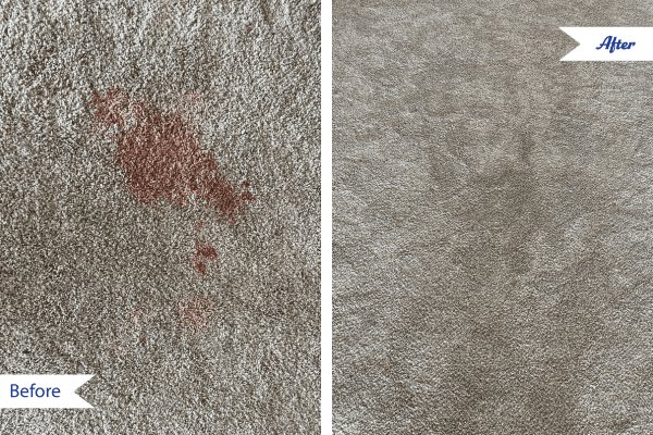 Before and after comparison of a red stain removed from a carpet by Veterans Chem-Dry Music City in Nashville, TN.