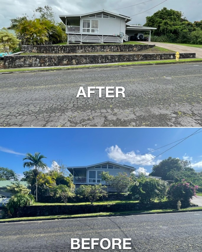 Before and after view of a house with new retaining rockwalls installed by Fence, Gates and Rockwalls in Kailua-Kona, HI