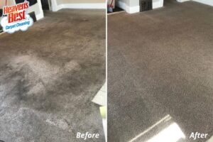 Before and after comparison of a large room's carpet professionally cleaned by Heaven's Best Carpet Cleaning in Concord, NC.