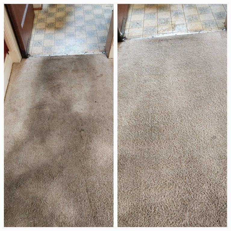 Before and after of a room's dirty carpet, now thoroughly cleaned by Spots Away Carpet Cleaning in Montgomery, AL