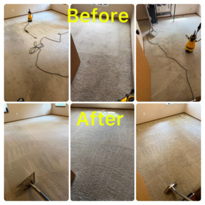 Before and after professional carpet cleaning in a room with cleaning tools by Alex & Mary Carpet & Upholstery Cleaning in Tacoma, WA.