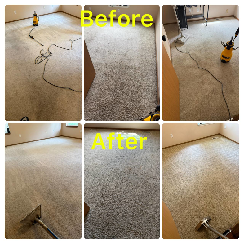 Before and after professional carpet cleaning in a room with cleaning tools by Alex & Mary Carpet & Upholstery Cleaning in Tacoma, WA.
