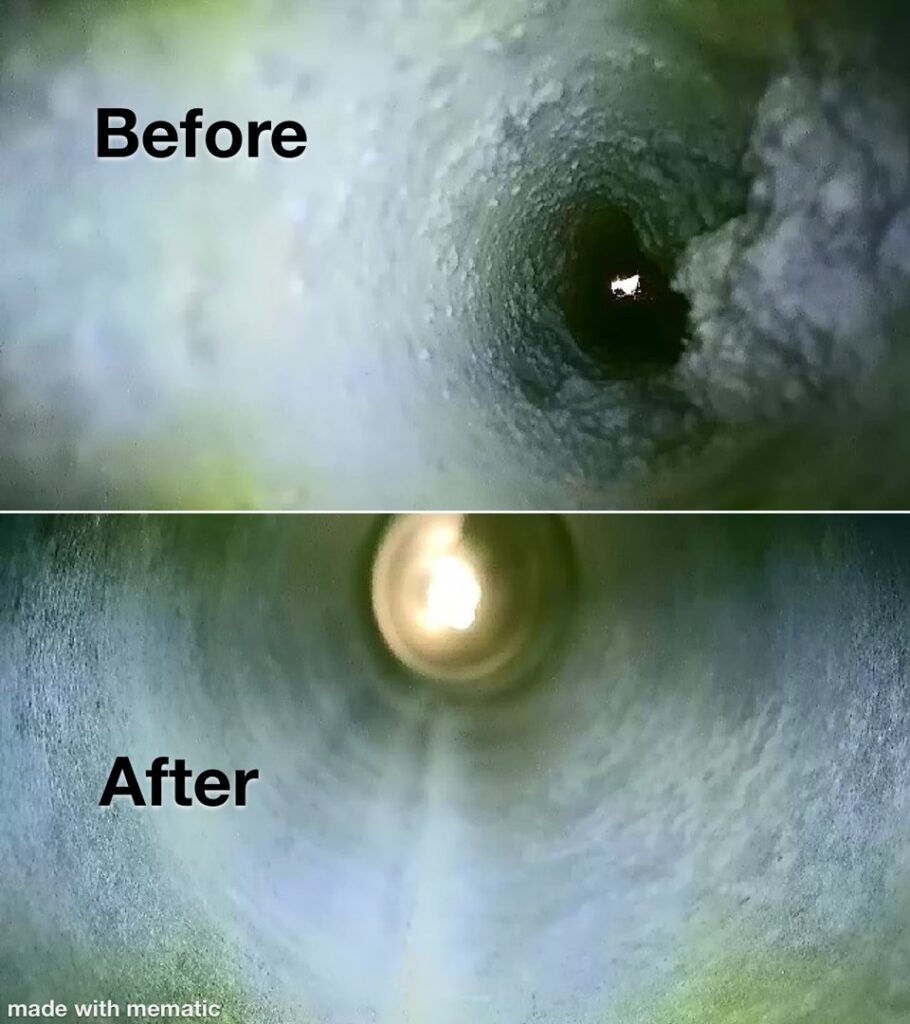 A before and after comparison showing a dirty round metal air duct transformed into a clean one by Duct Dudes in Scottsdale, AZ.