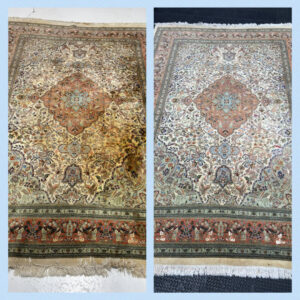 Before and after comparison of a heavily stained patterned rug, showcasing professional cleaning results from All Seasons Carpet Cleaning in Loves Park, IL.