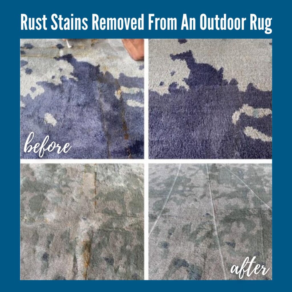 Before and after photos showing rust stains removed from an outdoor rug by Fiber-Seal of North Texas in Dallas, TX