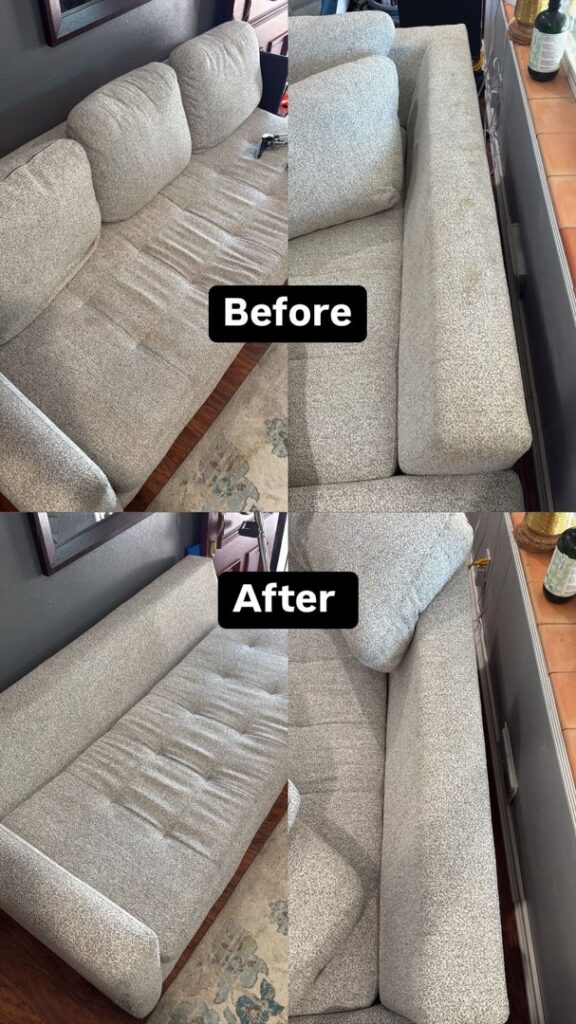 Before and after comparison of a sofa's upholstery cleaned by GreenLine Carpet Cleaning in Aurora, CO.