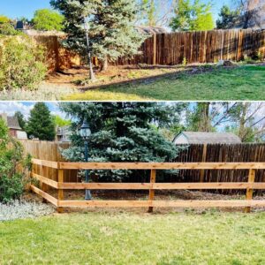 Before and after of a split rail fence with wire mesh installation by 2 Guys & A Girl Lawn Care in Thornton, CO.