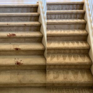 Before and after photos of a carpeted staircase showing successful stain removal by California Xtreme Steam in Sacramento, CA