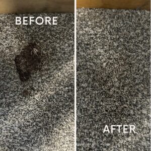 Before and after comparison of a stained grey carpet cleaned by Champion Chem-Dry in Idaho Falls, ID.