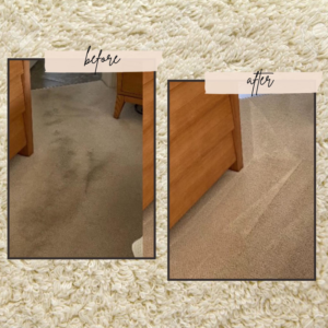 Before and after comparison of a stained carpet, professionally cleaned by J & C Stain Masters in Tallahassee, FL.