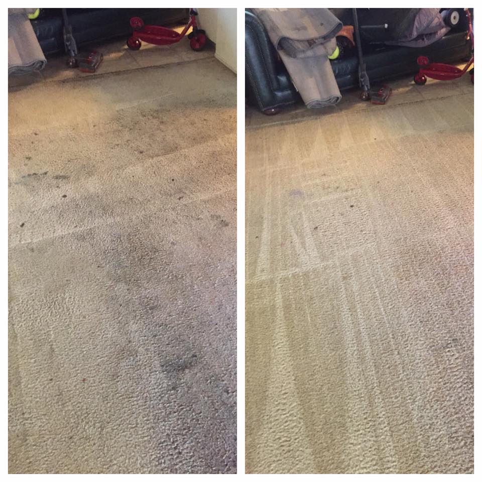 Before and after comparison of a stained and freshly cleaned carpet by Ramirez Carpet Cleaning in Sacramento, CA