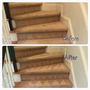 Before and after comparison of carpeted stairs showing professional cleaning results by D&A Carpet Cleaning in Durham, NC.