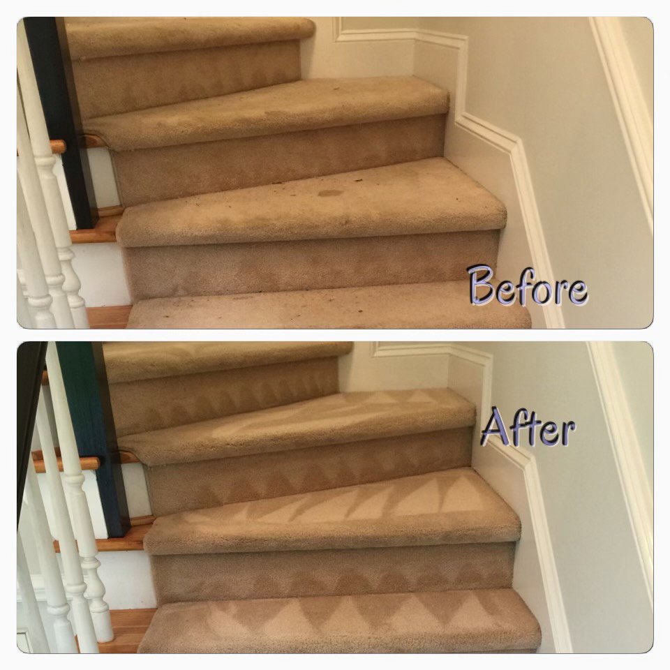 Before and after comparison of carpeted stairs showing professional cleaning results by D&A Carpet Cleaning in Durham, NC.