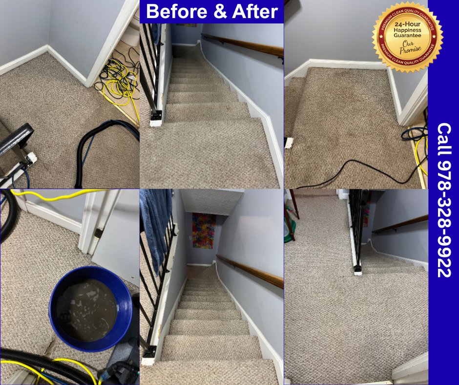Before and after results of stair carpet cleaning by Express Cleaning in Lowell, MA, showing dirty water.