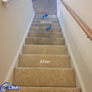 Before and after comparison of carpeted stairs cleaned by True Organic Carpet Cleaning in Charlotte, NC.