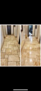 Before and after comparison of a hallway with professionally cleaned tile and grout by Superior Carpet Care in Fresno, CA.