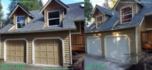 Before and after comparison of two garage door replacements by Steadfast Garage Door Services LLC in Federal Way, WA.