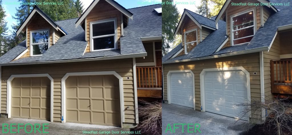 Before and after comparison of two garage door replacements by Steadfast Garage Door Services LLC in Federal Way, WA.