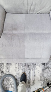 A before and after view of upholstery cleaning in progress by Brimley's White Glove Chem-Dry in Mesa, AZ.