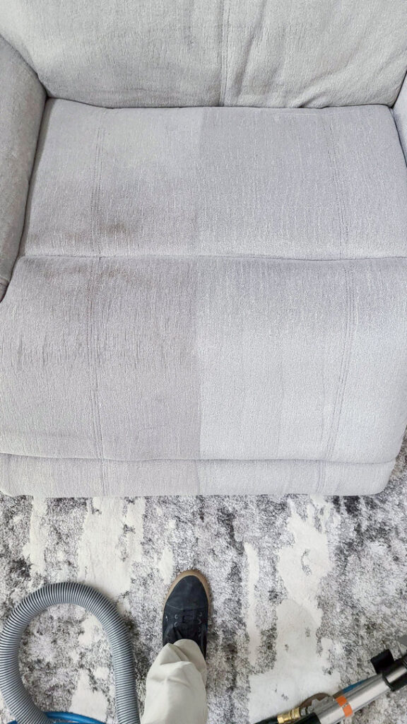 A before and after view of upholstery cleaning in progress by Brimley's White Glove Chem-Dry in Mesa, AZ.