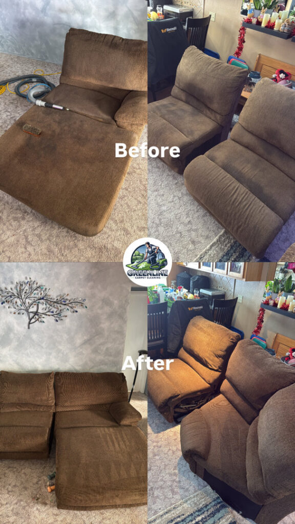 Before and after comparison of upholstered chairs and a sofa cleaned by GreenLine Carpet Cleaning in Aurora, CO.